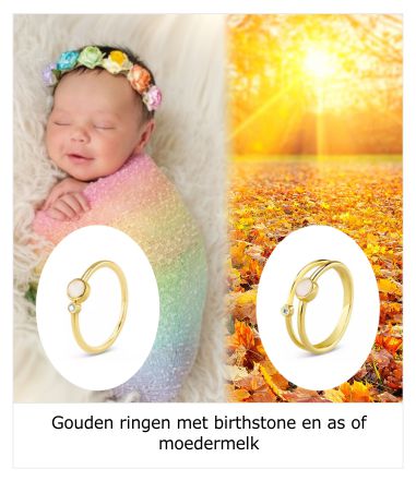 Gouden ringen met birthstone en as of moedermelk